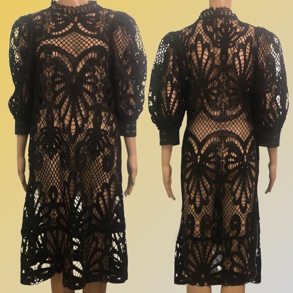 N By NANCY Intricate Open Lace Puff Sleeves Scalloped Hemline Black Dress Sz S - Picture 4 of 5